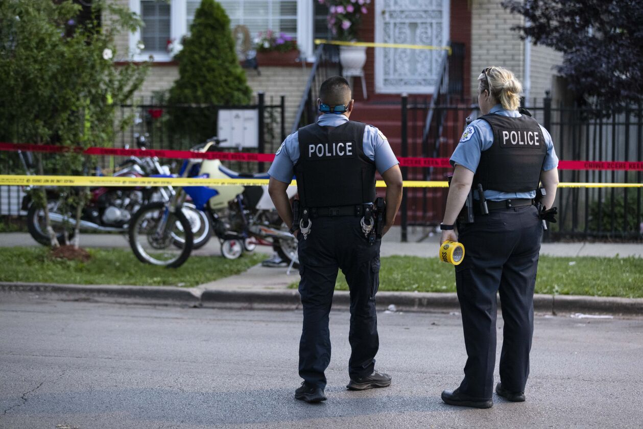 A crime scene taped off where a 2-year-old boy and a 32-year-old man were critically wounded in a shooting on the 1500 block of North Tripp Avenue in West Humboldt Park, Tuesday, July 13, 2021.